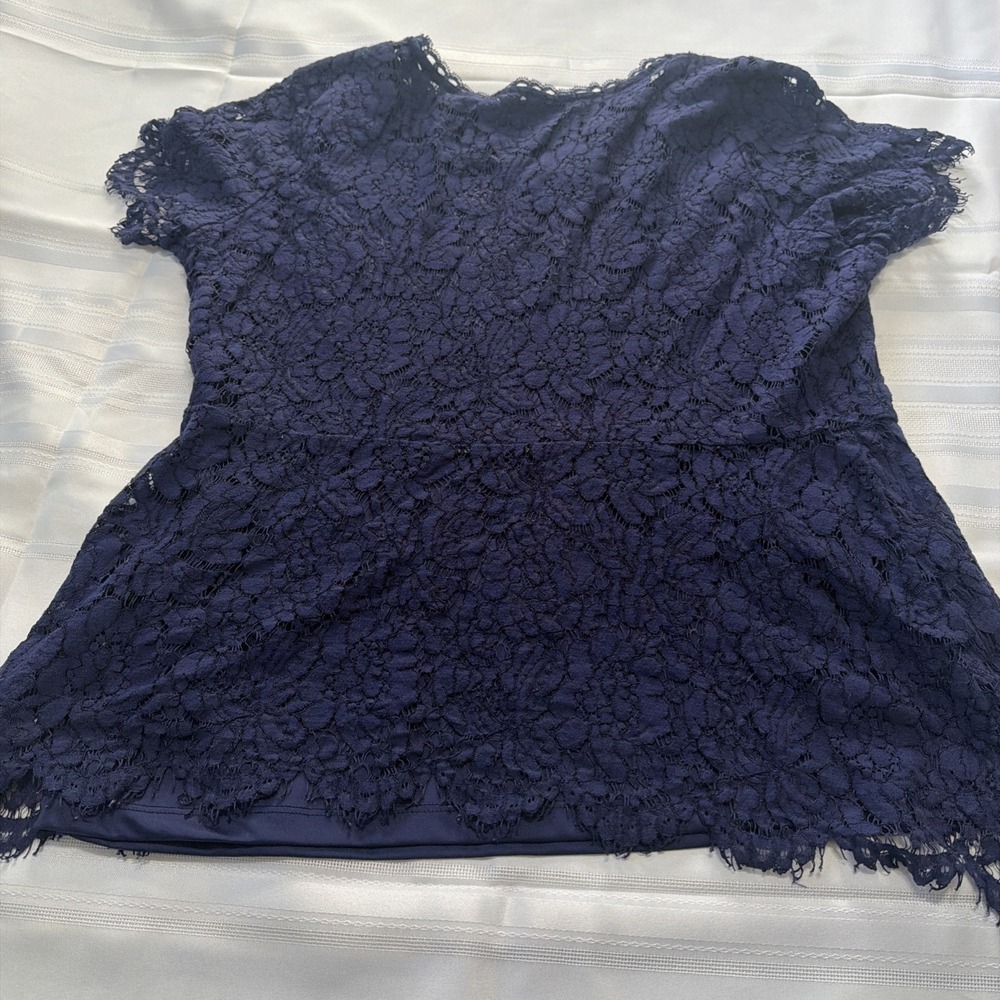 Isaac Mizrahi Live Navy Blue Floral Lace Peplum Top Short Sleeve XL